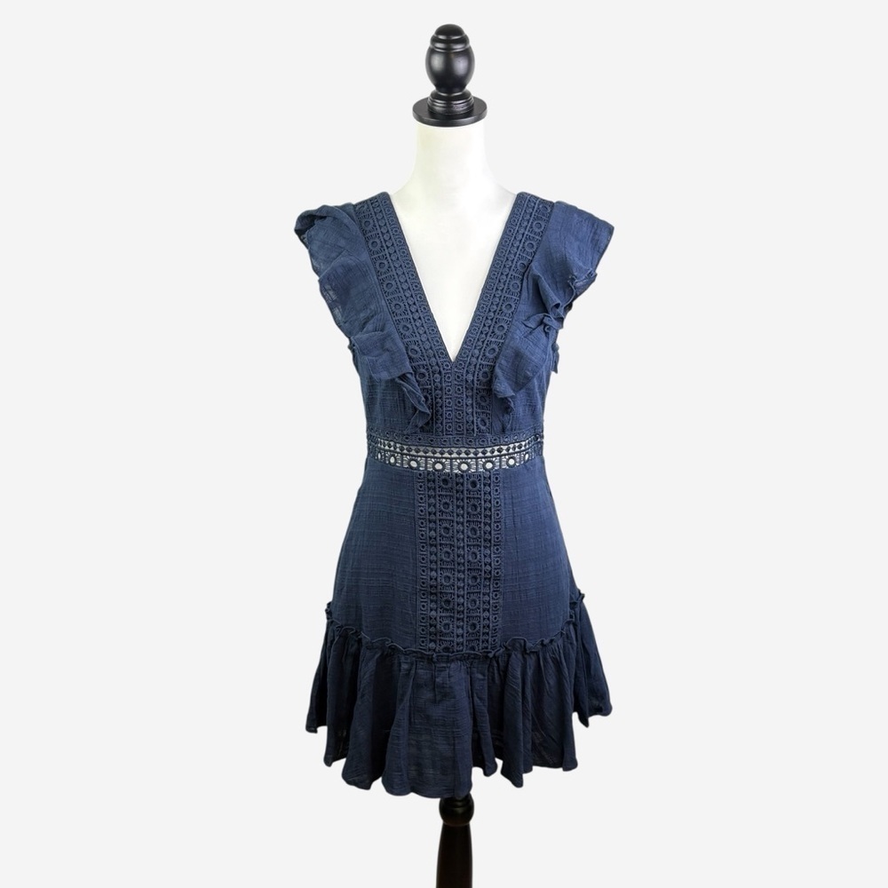 NWT Francesca's Navy Blue Ritah Crochet Lace Flutter Mini Dress Blue Rain • M - Picture 3 of 15